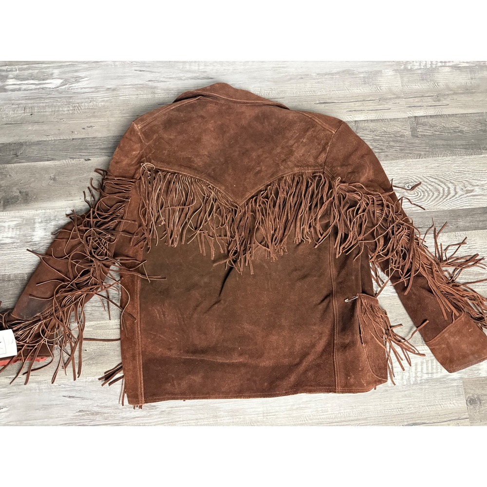 Vintage Western Brown Suede Leather Fringe Jacket Cowboy Boho Heavy Weight Coat